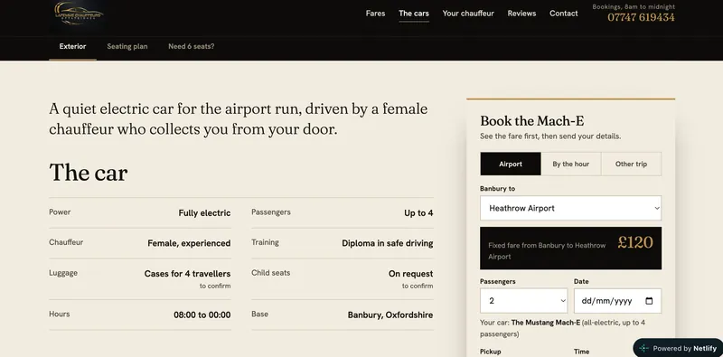 LaFemme Chauffeurs car page for an electric Mustang Mach-E with a fixed-fare airport booking panel
