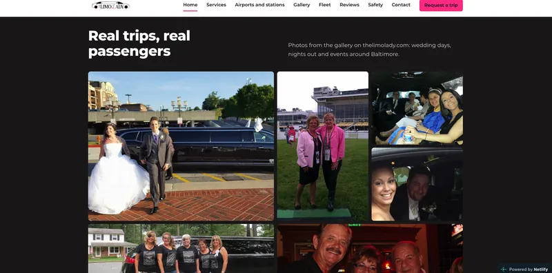 The Limo Lady website gallery section titled real trips, real passengers, with wedding and event photos