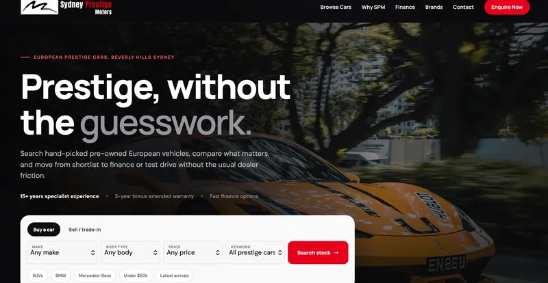 Sydney Prestige Motors homepage with a dark hero, prestige car photo and a stock search bar